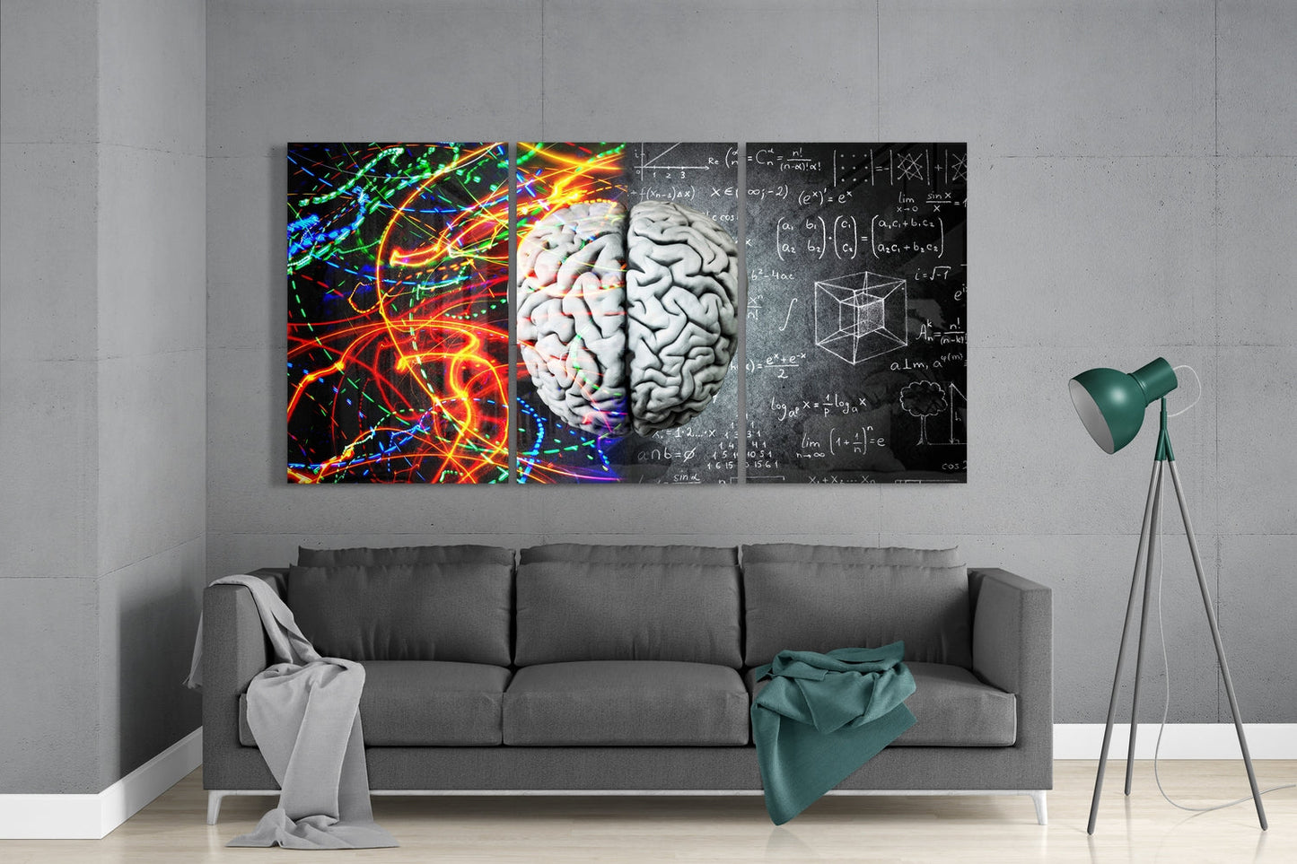 Brain Mega Glass Wall Art displayed above gray sofa in modern living room, showing colorful neural networks, anatomical brain, and mathematical equations.