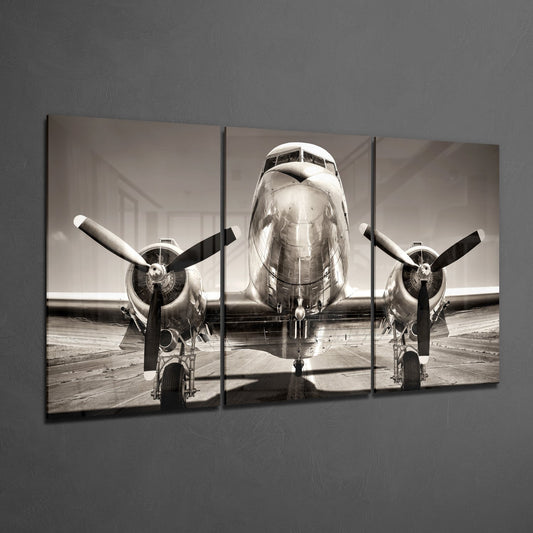 Three-panel black and white glass wall art displaying front view of vintage twin-engine aircraft on tarmac.