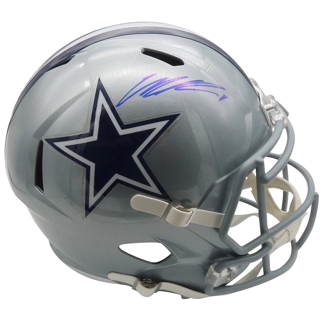 Micah Parsons autographed dallas cowboys silver replica helmet with navy blue star logo in purple ink by fanatics