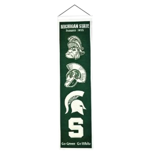 Michigan State heritage banner with green white Spartan helmet design