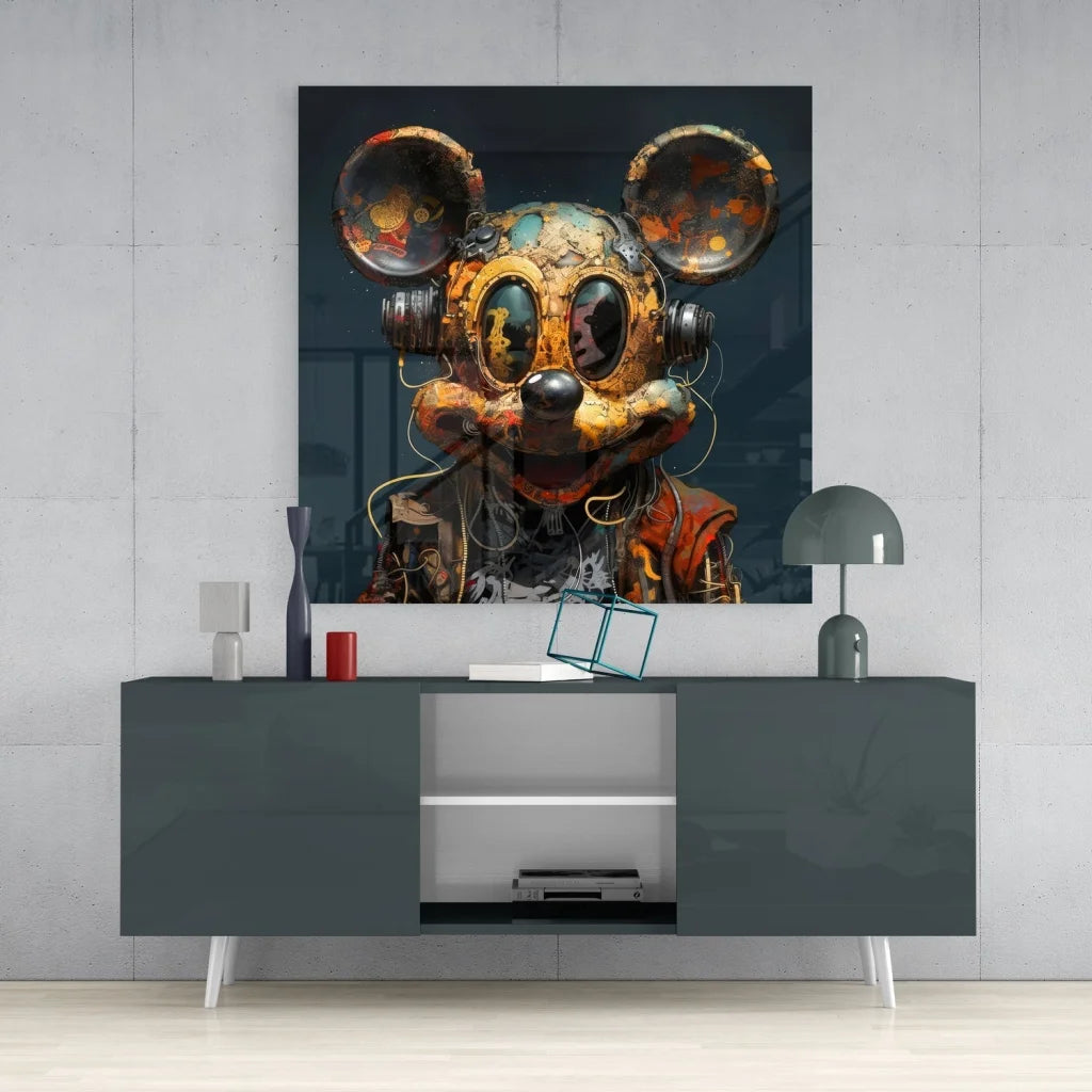 Steampunk Mickey Mouse tempered glass art print with rusted metal accents