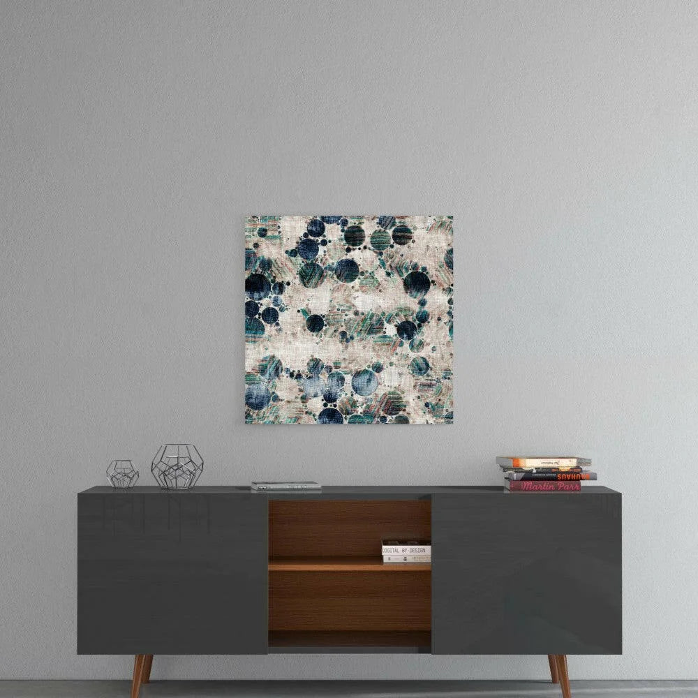 Teal swirl abstract canvas wall art with textured layers and blue circles