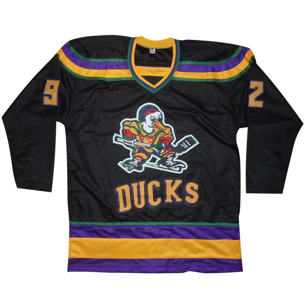 Autographed Mighty Ducks black hockey jersey with cartoon duck mascot