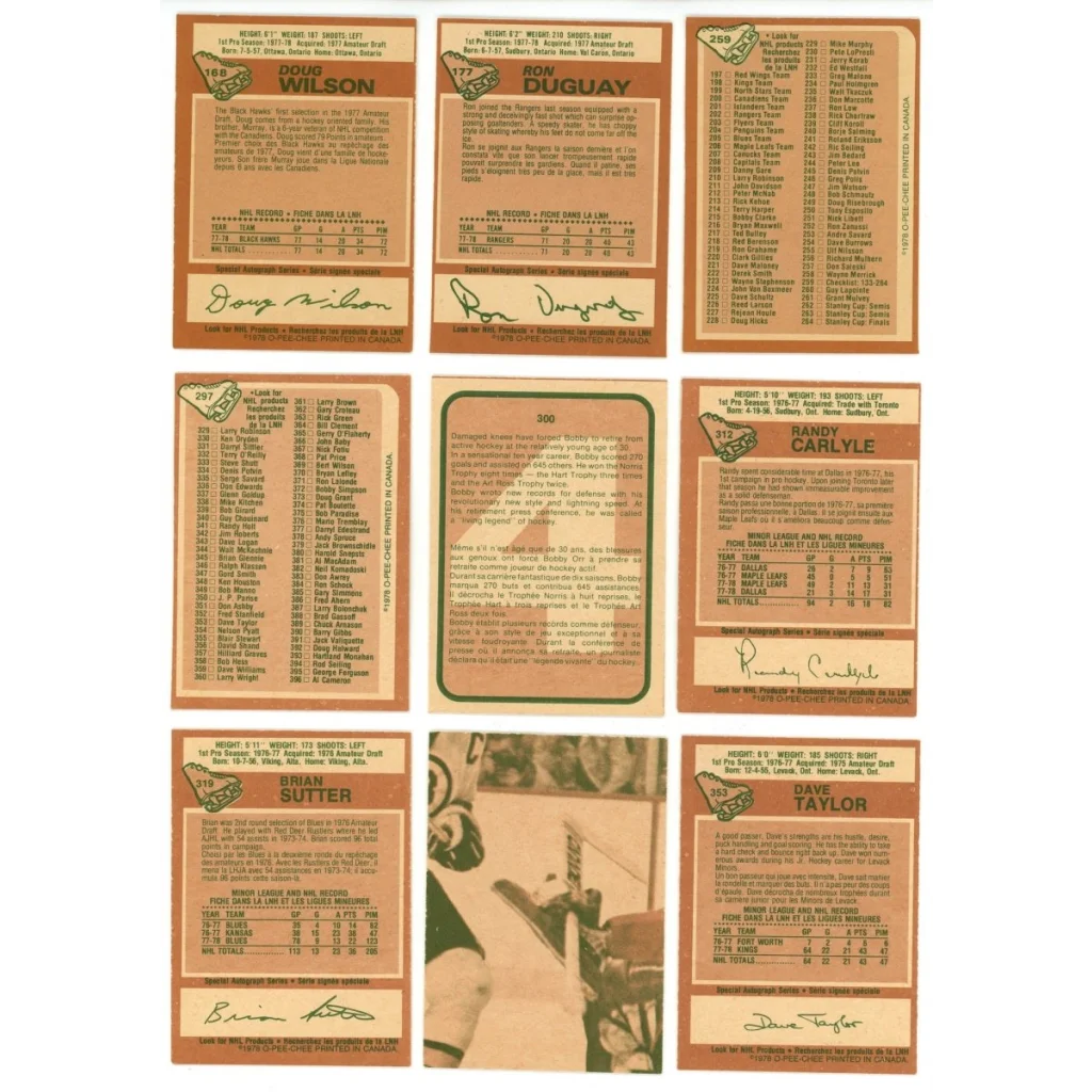 Vintage hockey trading cards featuring Mike Bossy in a complete set break display