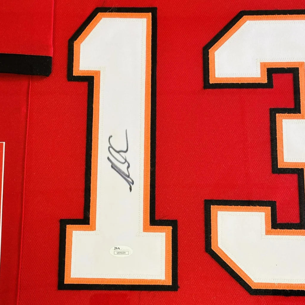 Mike Evans deluxe framed jersey with red jersey, white and orange 13 number, and authentic autograph