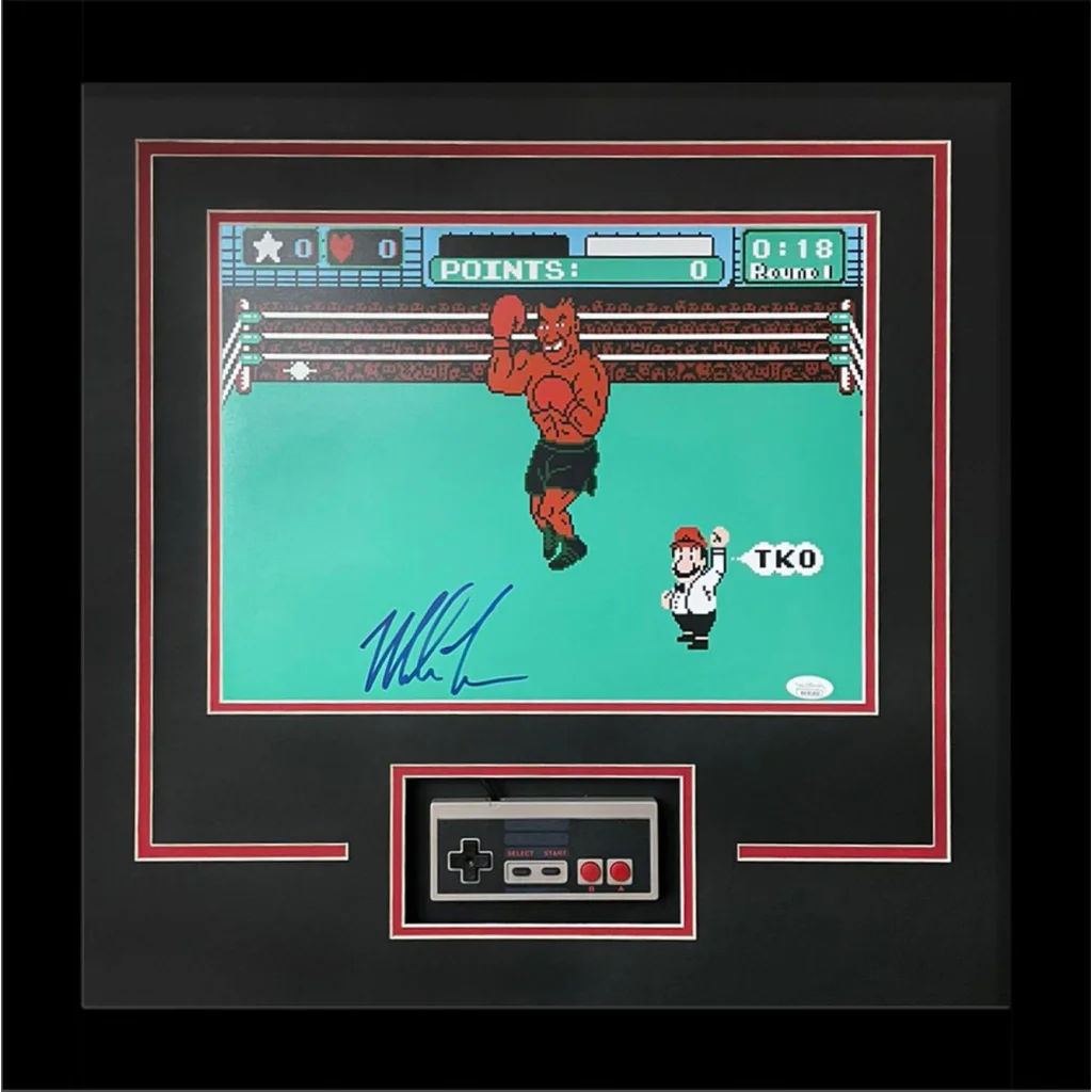 Mike Tyson signed framed shadowbox of Punch-Out NES art with Mario TKO scene
