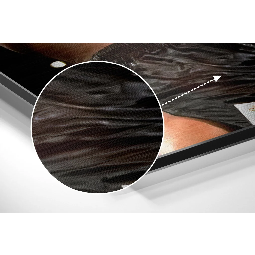 Glossy black satin fabric on brushed aluminium dibond wall art print