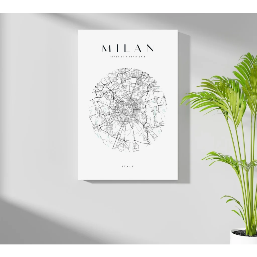 Insigne aluminum prints black line-art Milan map on white canvas
