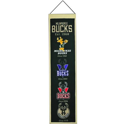Gold Milwaukee Bucks heritage banner with rectangular plaque and team logos