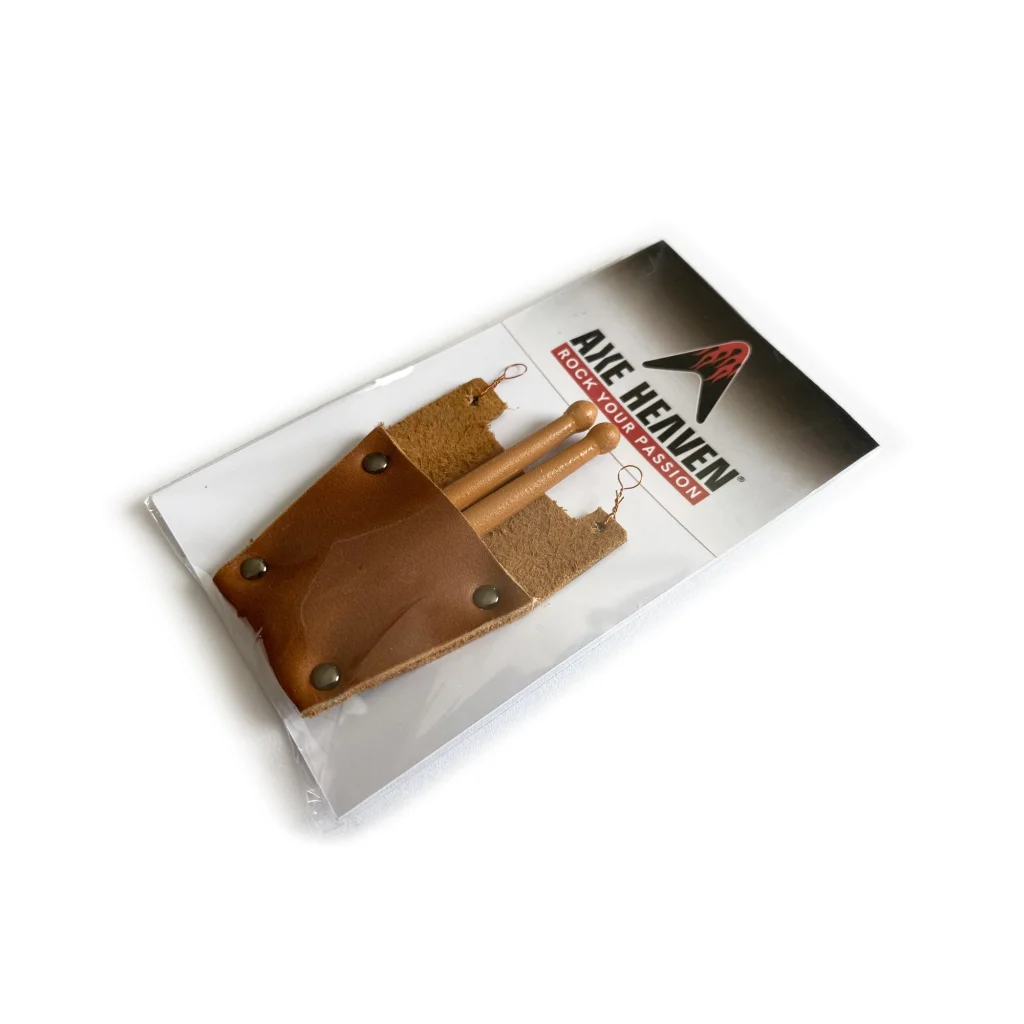 Mini leather drumstick bag with brown leather guitar strap and Axe Heaven branding