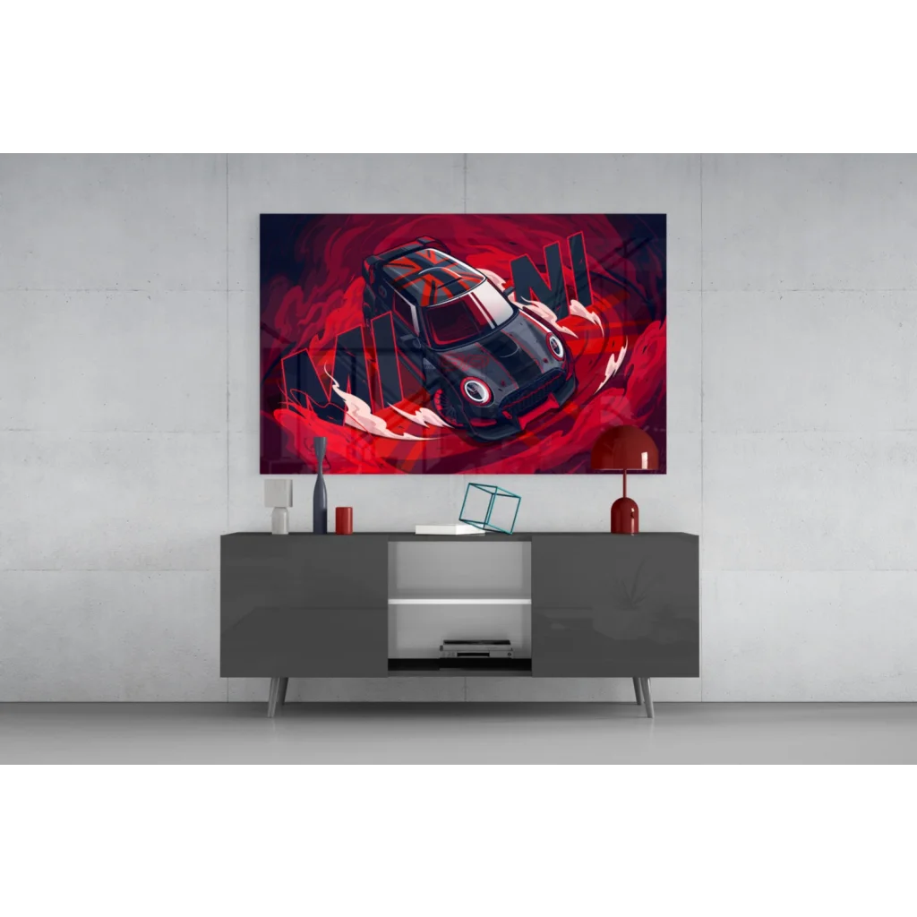 Vibrant red black Mini Cooper glass wall art print on canvas