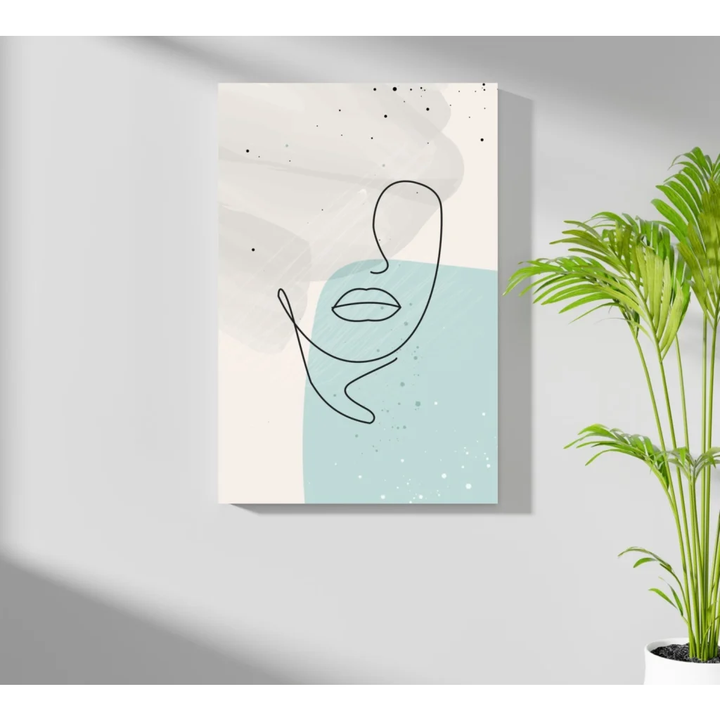 Minimalist abstract face canvas in black line on cream and blue watercolor background