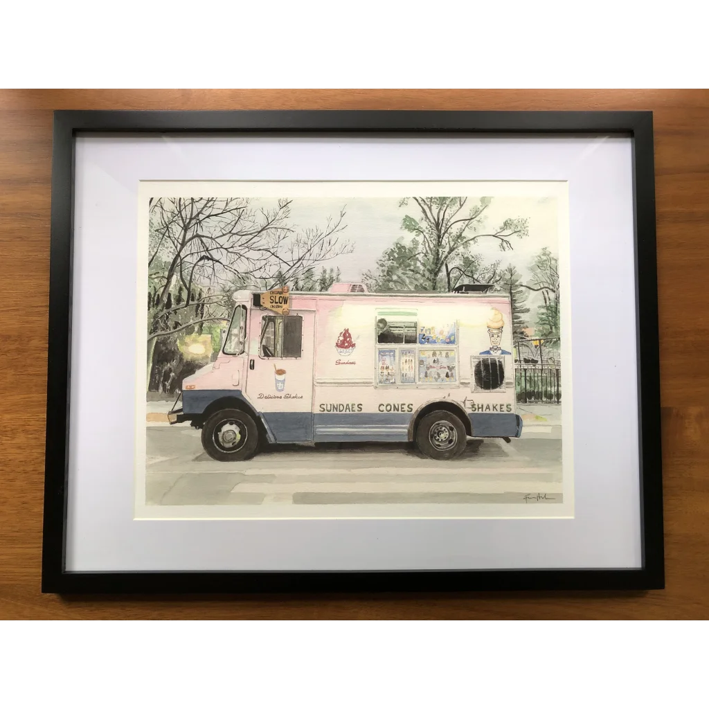 Pink Mister Softee ice cream truck art with white border
