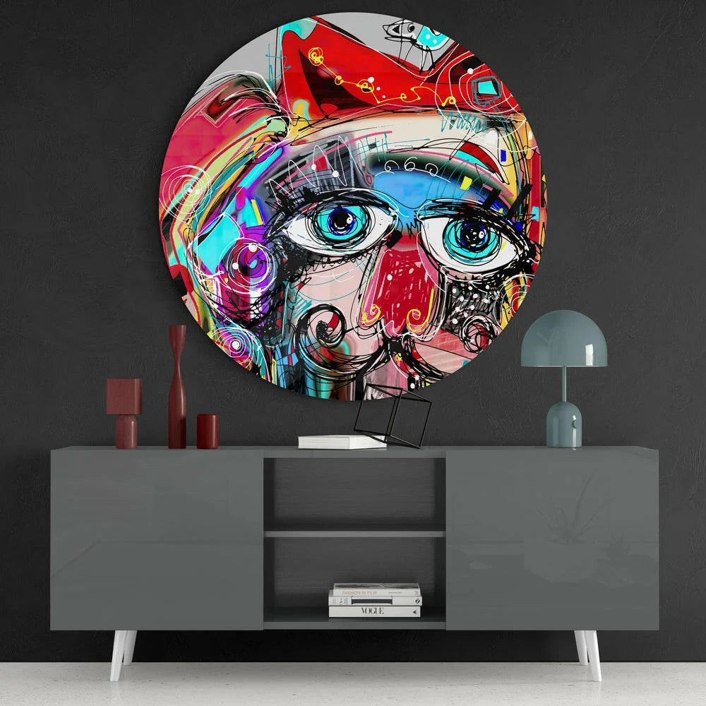 Vibrant abstract portrait tempered glass art with bold blue eyes and swirling reds