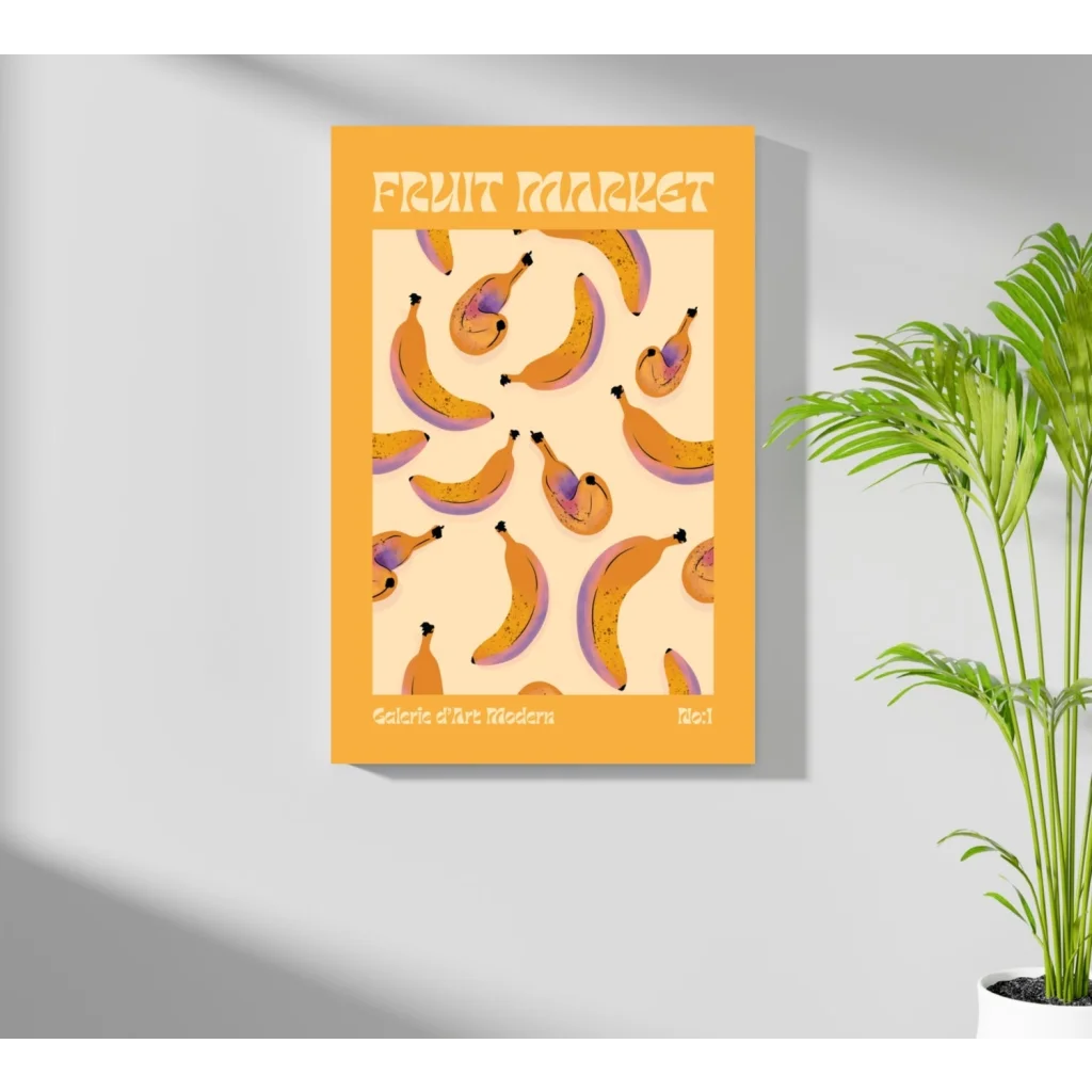 Vibrant orange-framed insigne aluminum print of playful banana pattern for fruit market