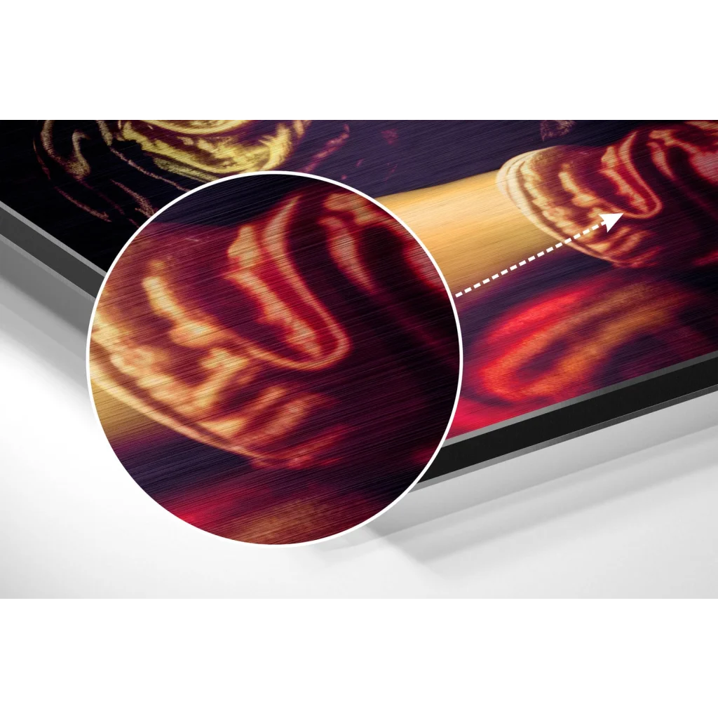 Vibrant abstract brushed aluminium dibond print with swirling red hues