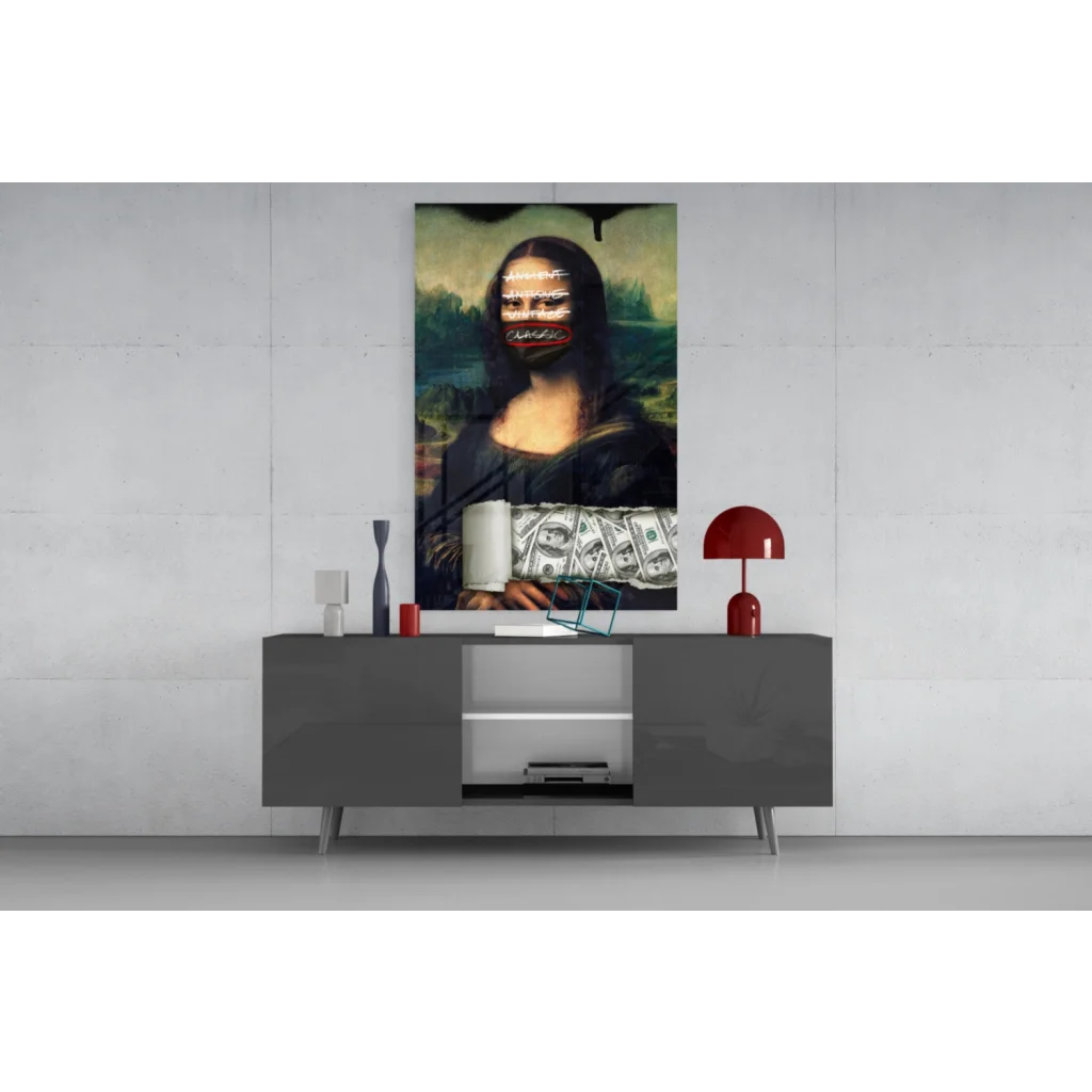 Mona Lisa money canvas wall art in gray frame