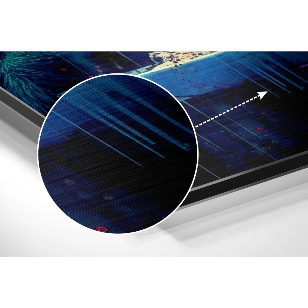 Close-up of sleek dark blue brushed aluminium dibond frame with vivid display