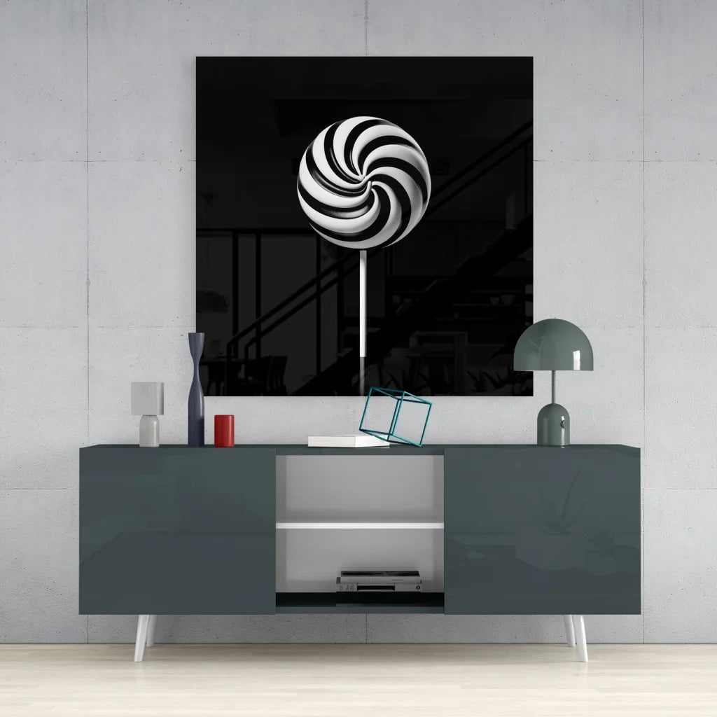 Black and white swirl tempered glass art lollipop on glossy canvas