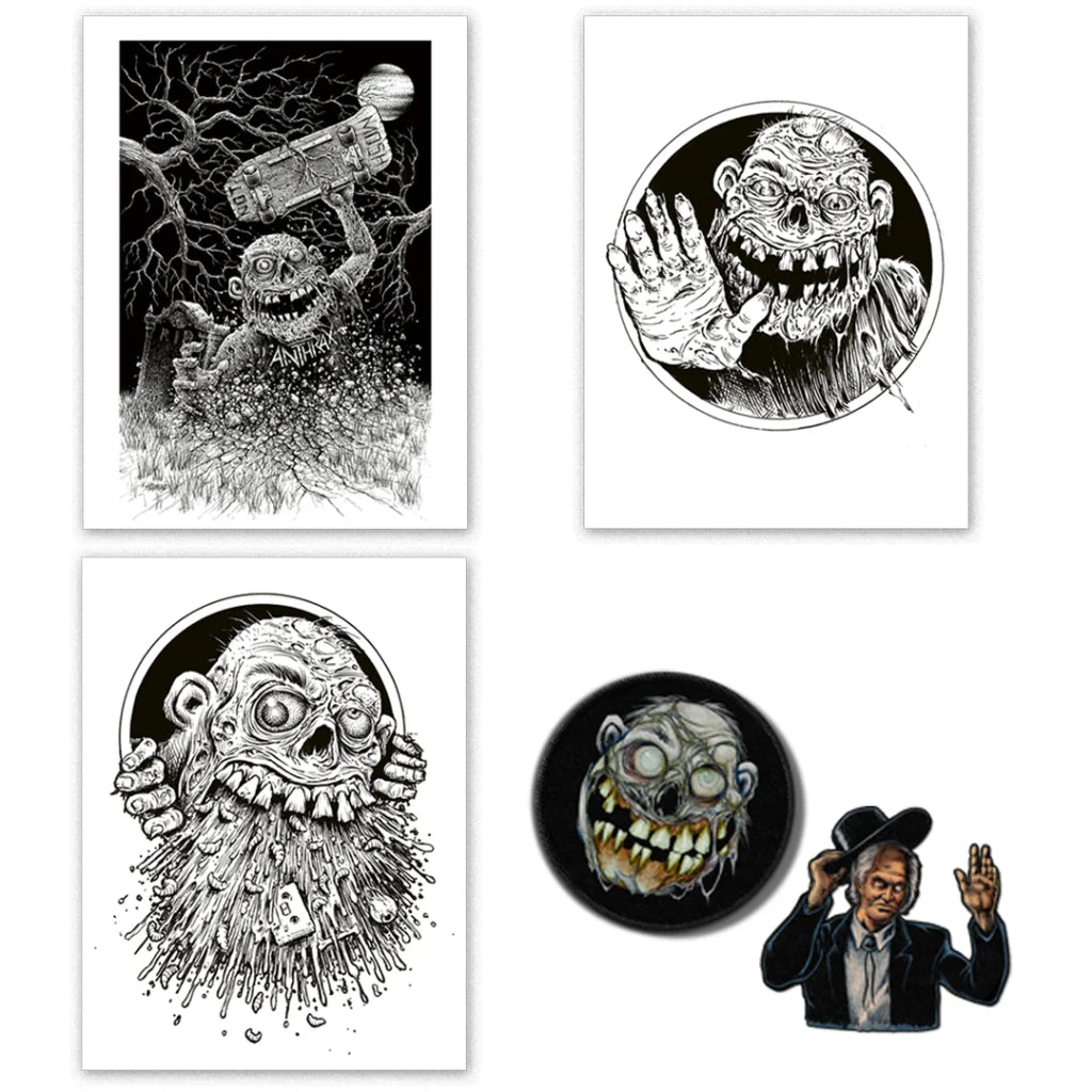 Monster print set with zombie creatures and patches for spooky art lovers
