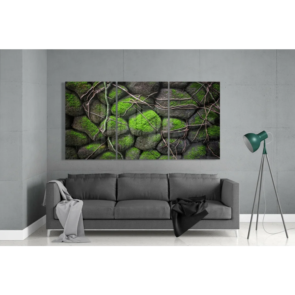 Lush Green Moss Stone Wall Art Three Panel Canvas Set | Modern Wall Art Decor | vintageantiquesgifts.com