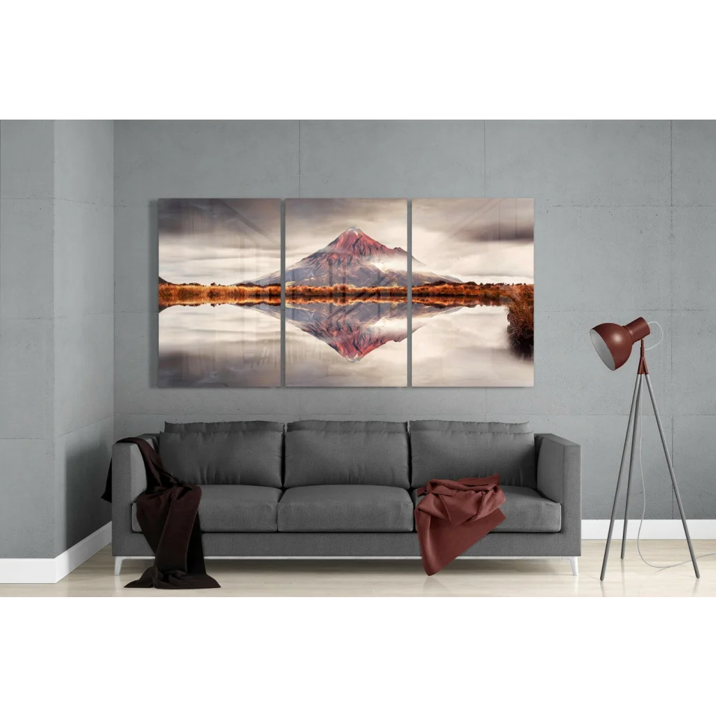Stunning mountain reflection triptych canvas wall art with pink gray hues