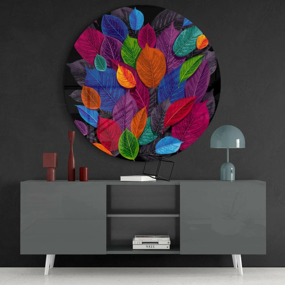 Vibrant multicolored leaf tempered glass art in circle frame