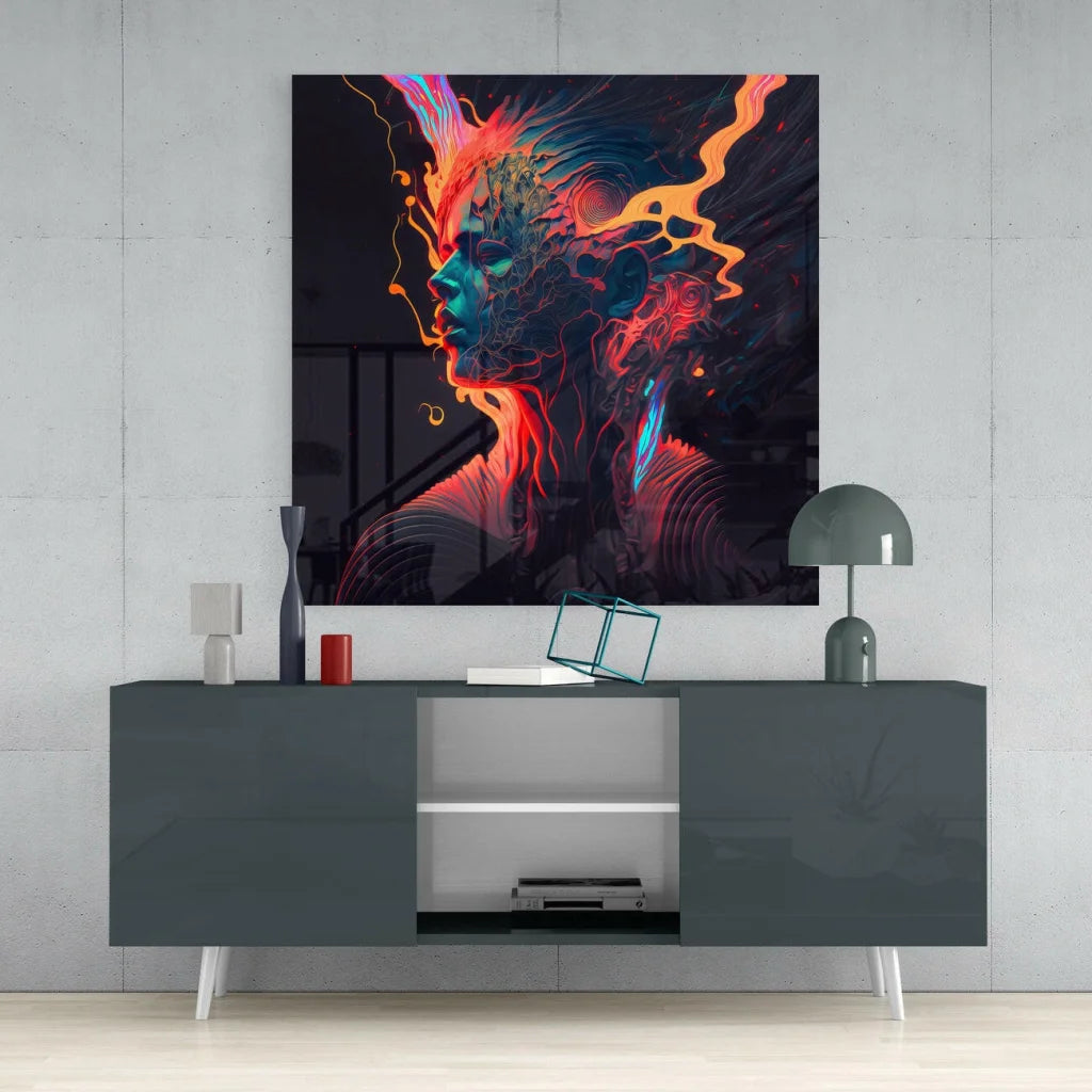 Vibrant neon energy glass wall art with fiery orange and blue swirls