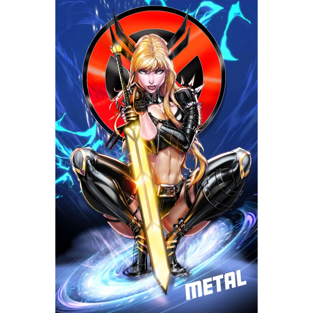 Blonde Mutant Sorceress Blue in black gold armor with glowing sword before red lightning emblem