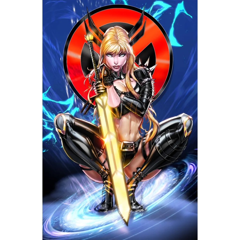Blonde Mutant Sorceress Blue in black gold armor with glowing sword before red lightning emblem