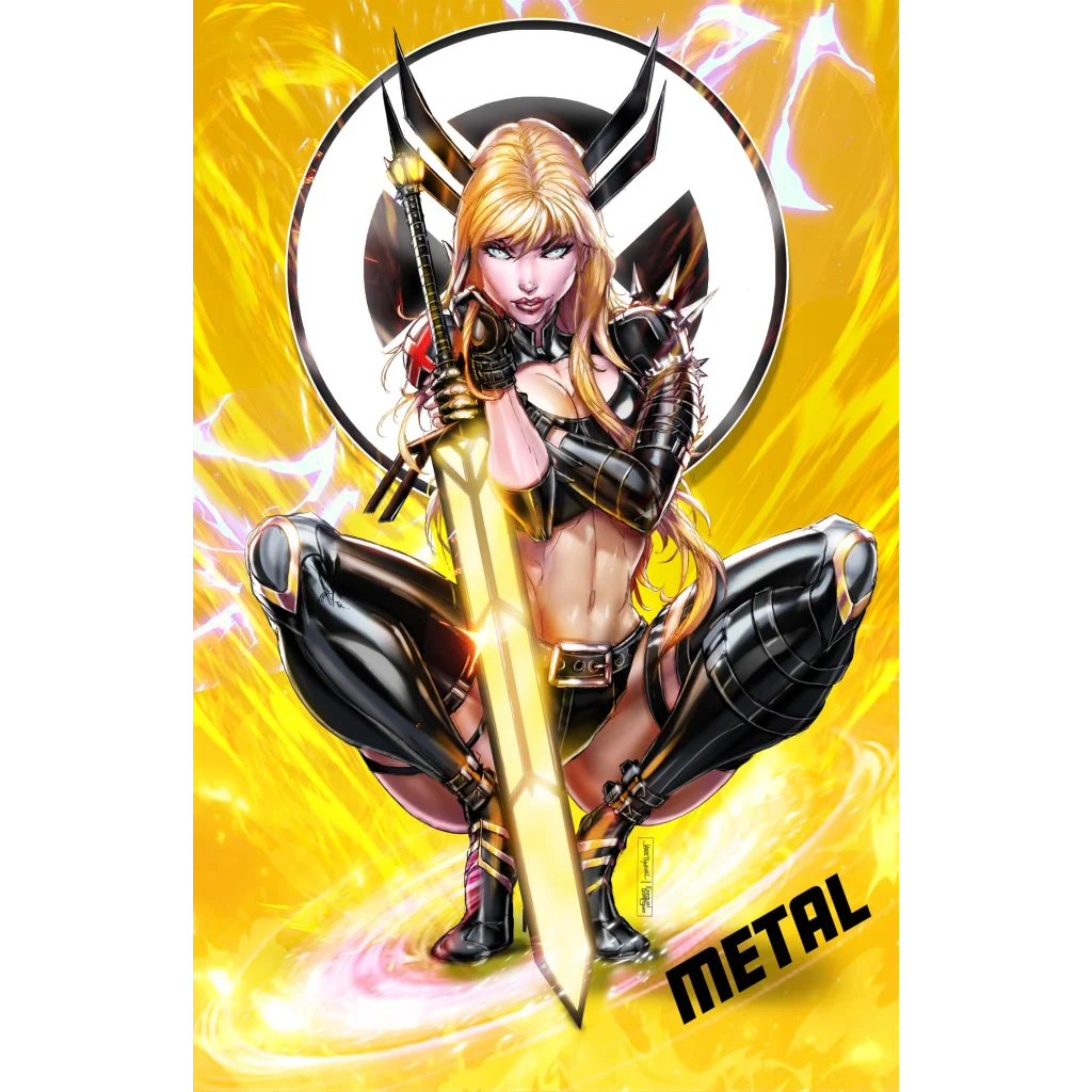 Blonde mutant sorceress yellow in black armor holds glowing sword on radiant background