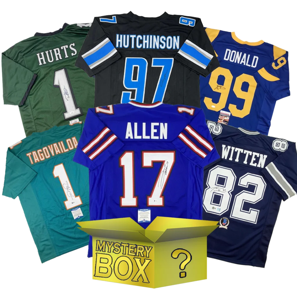 Signed football jerseys collection with a mystery box featuring custom jerseys and authentic signatures
