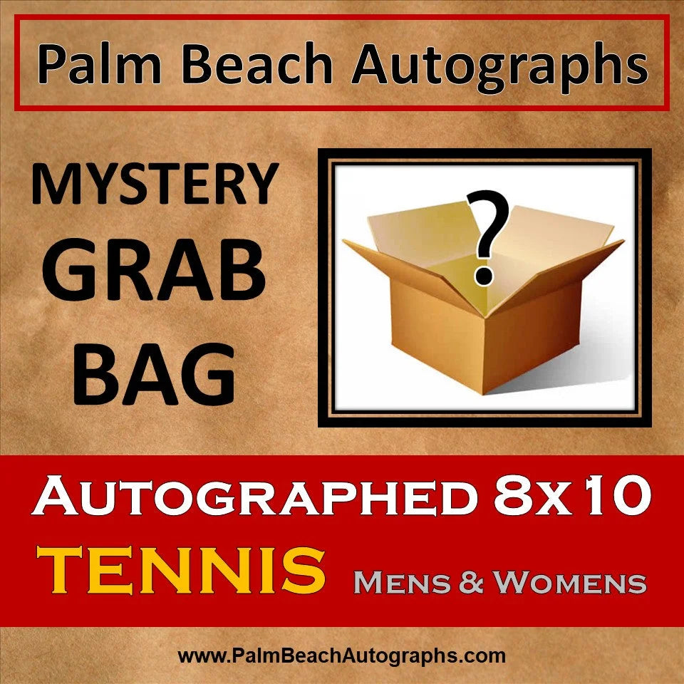 Mystery grab bag with autographed 8x10 tennis photo in brown box