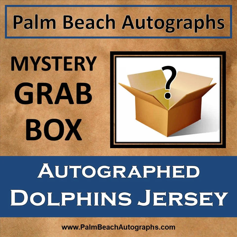 Mystery grab box with tan cardboard, question mark, and Miami Dolphins football jersey