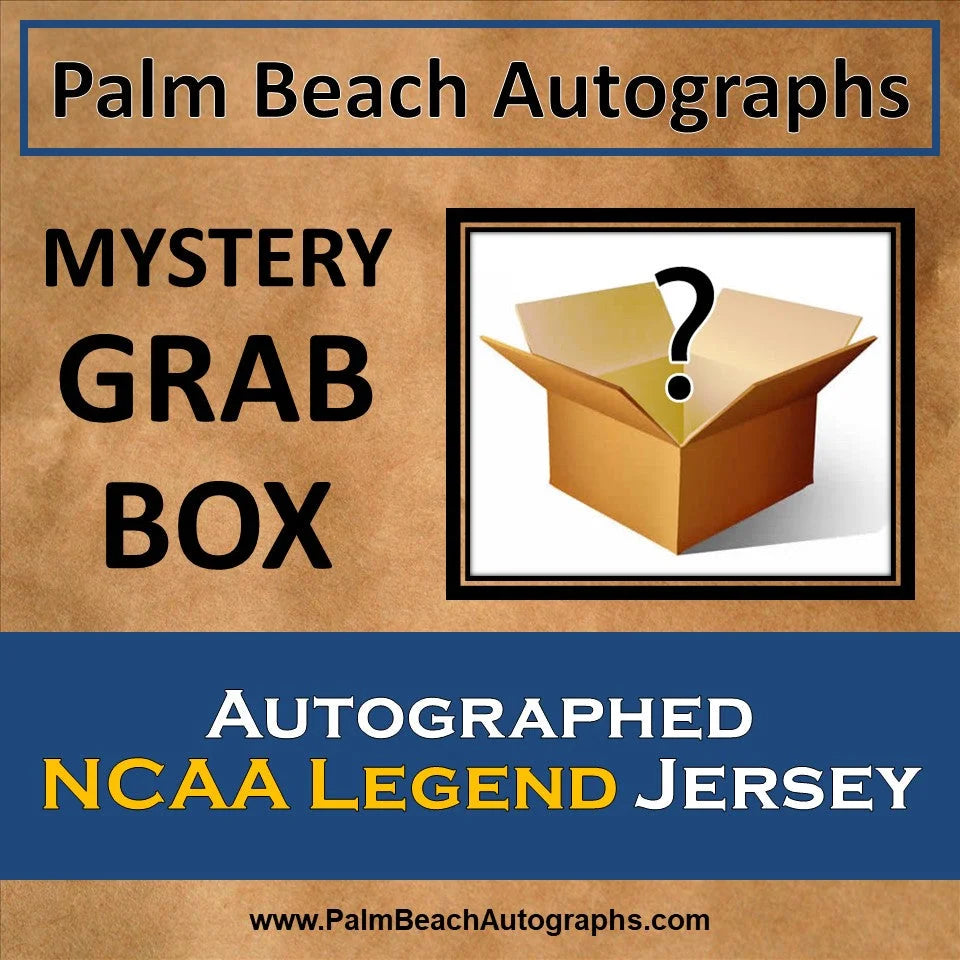 Mystery grab box with tan cardboard, question mark, and autographed NCAA jersey