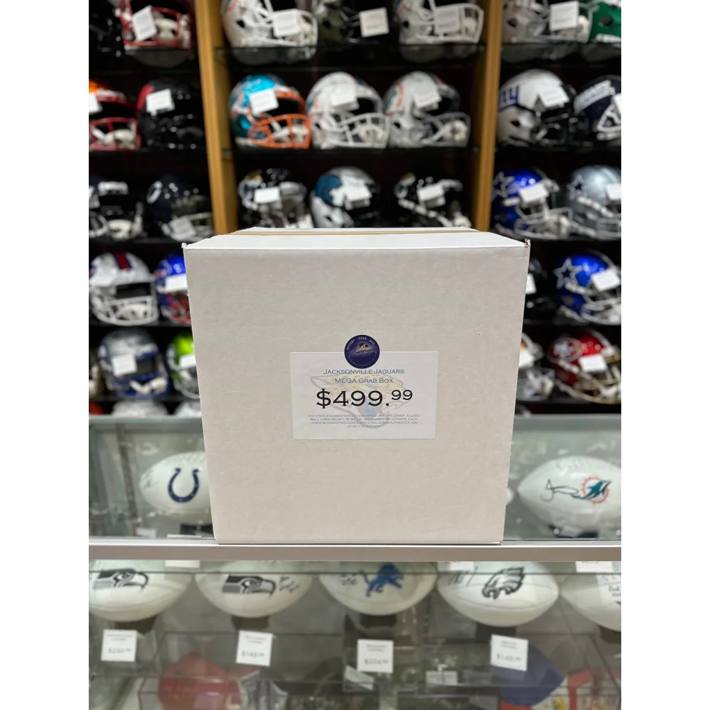 White mystery mega grab box with autographed Jacksonville Jaguars items