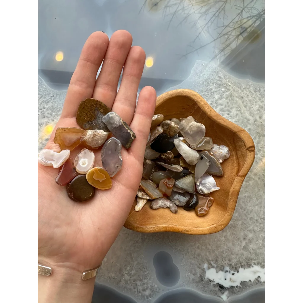 Hand holding polished agate pieces in earthy tones