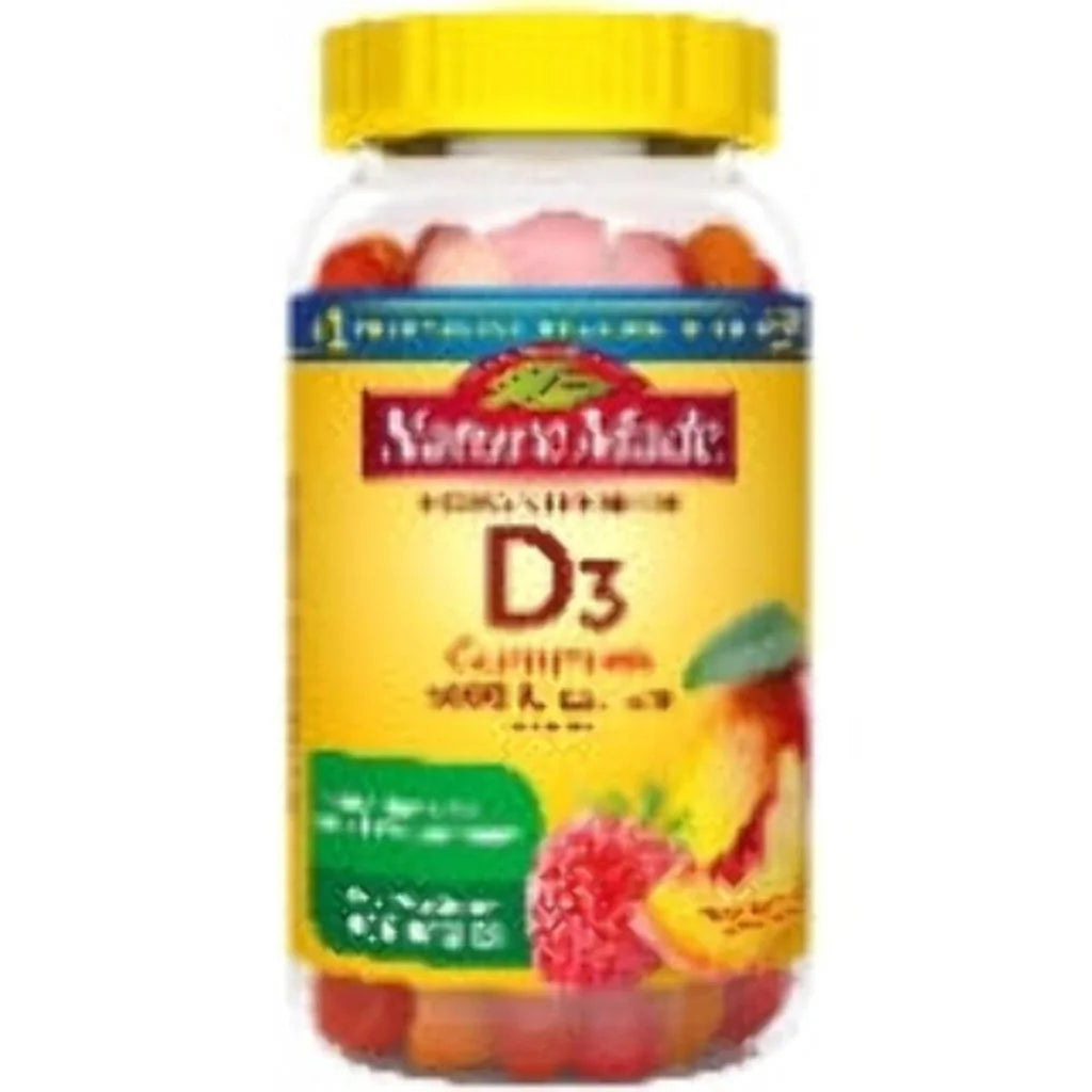 Nature Made Vitamin D3 5000 IU gummies in clear bottle with yellow cap