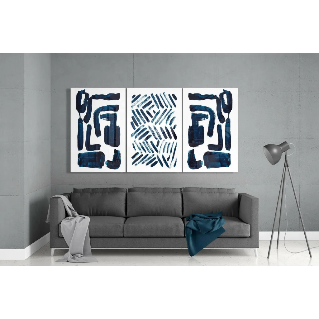 Navy blue abstract art triptych wall art canvas set on white background