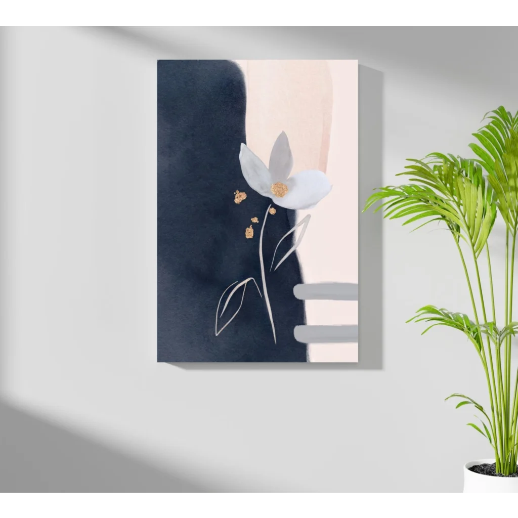 Navy blue floral aluminum print with gold accents, beige abstract art