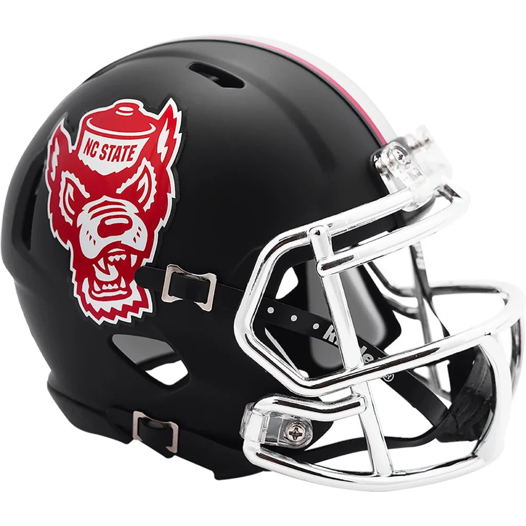 NC State Wolfpack mini football helmet in black, red, chrome faceguard
