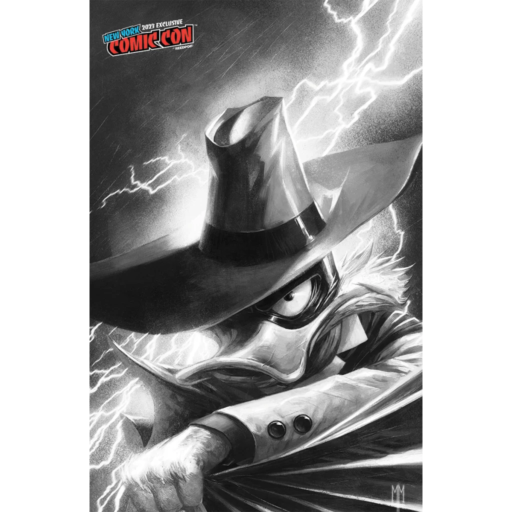 Grayscale Darkwing Duck comic cover with lightning from Negaduck Comics Marco Mastrazzo