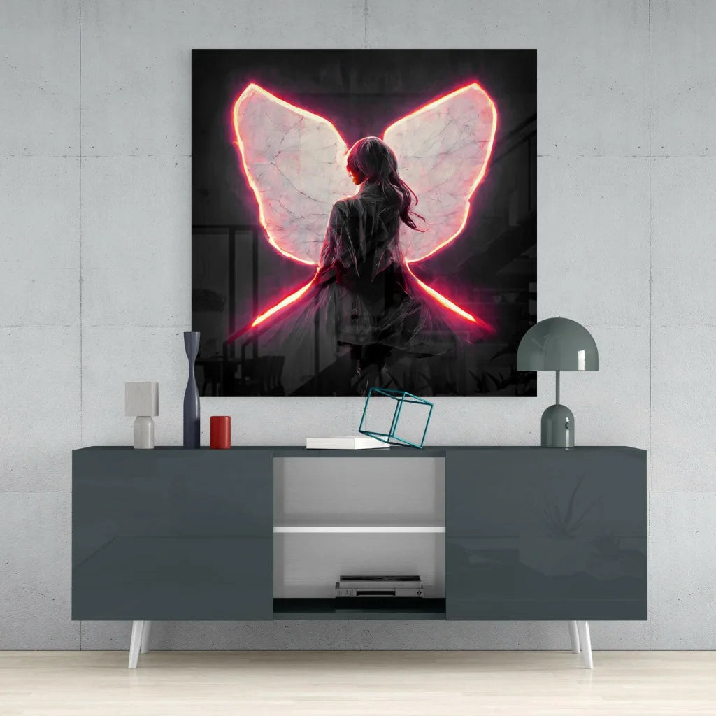 Glowing red butterfly wings silhouette on 24x36 inch neon glass wall art