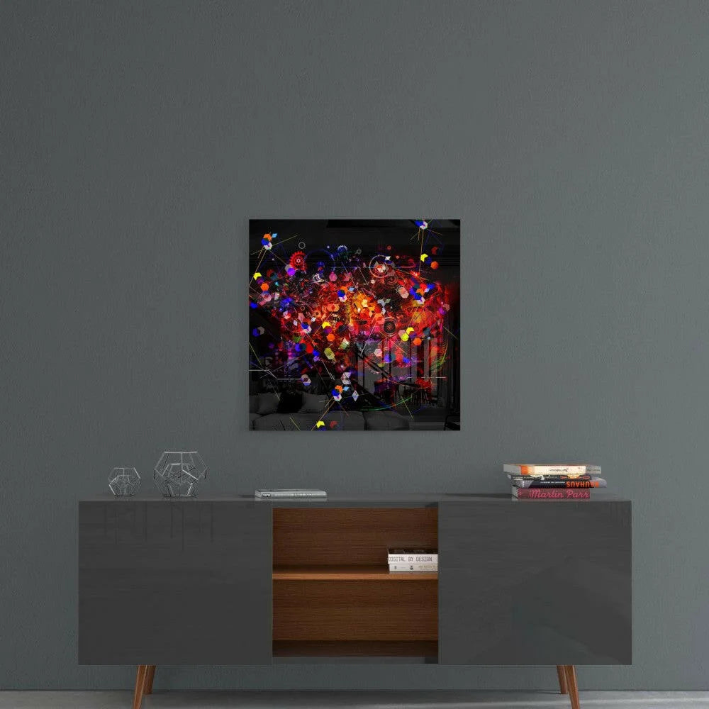 Vibrant neon explosion glass wall art with glowing geometric spheres