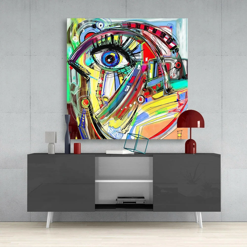 Vibrant Neon Eye Explosion glass wall art with bold rainbow swirls