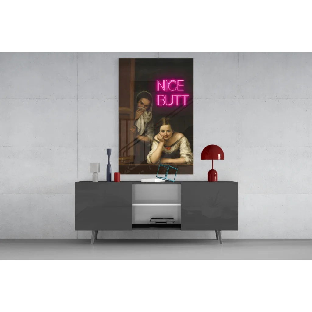 Neon pink Nice Butt text on classical painting canvas wall art print