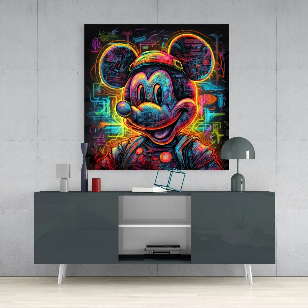 Neon Mickey Mouse Tempered Glass Art Panel | Contemporary Home Wall Art | vintageantiquesgifts.com