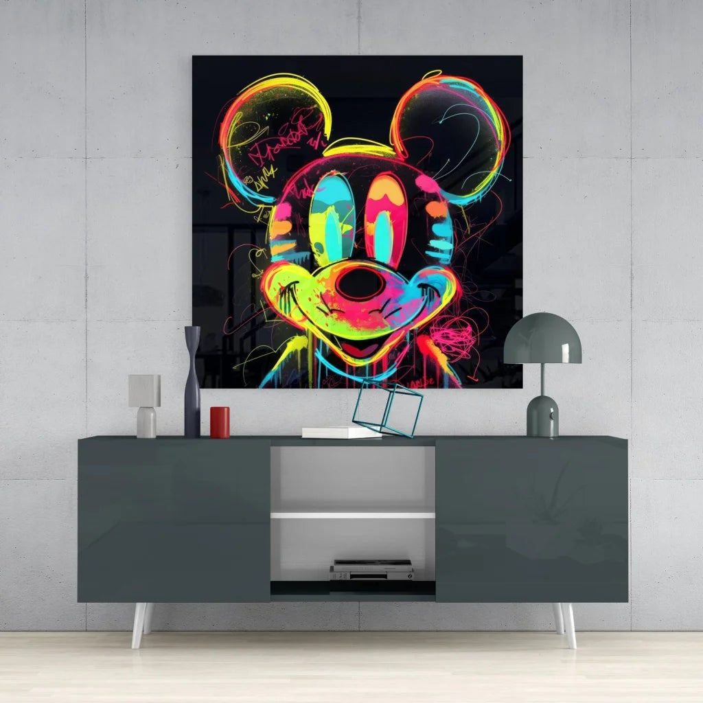 Neon Mickey Mouse Tempered Glass Art with Electric Graffiti Vibes | Contemporary Home Wall Art | vintageantiquesgifts.com