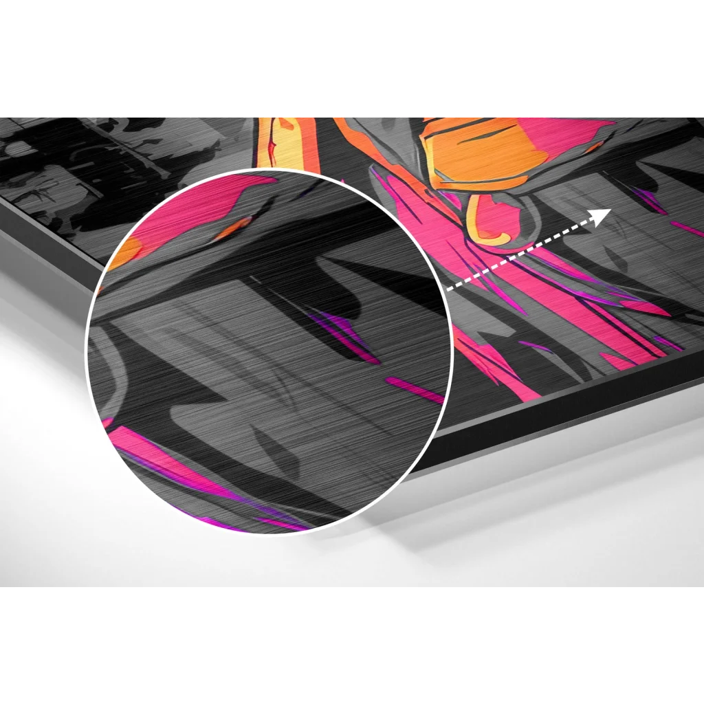 Neon pink abstract art print on brushed aluminium dibond, textured black and pink canvas