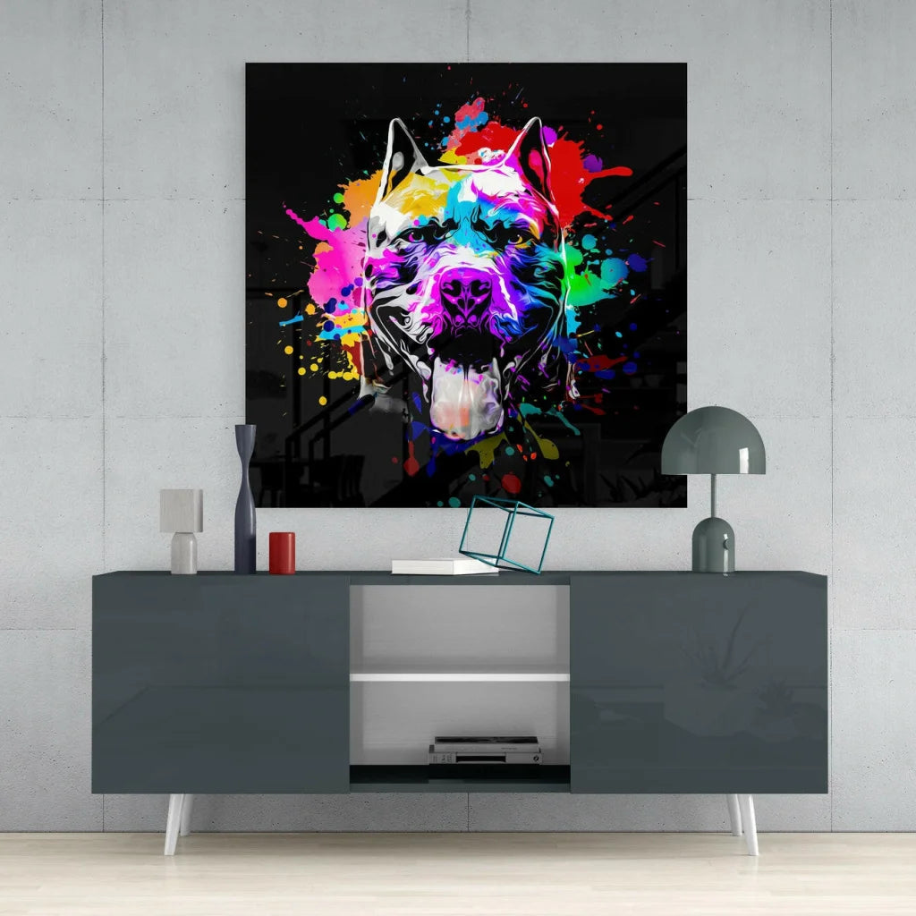 Vibrant neon splash dog glass wall art in rainbow colors